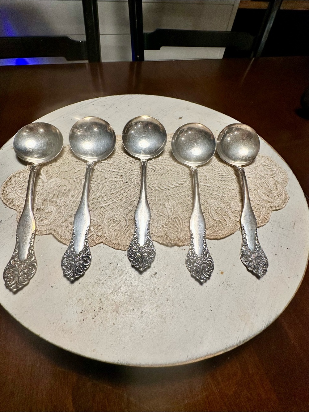 Vintage Wm A Rogers Silverplate Cream Soup Spoons Set of 5 Floral Scroll